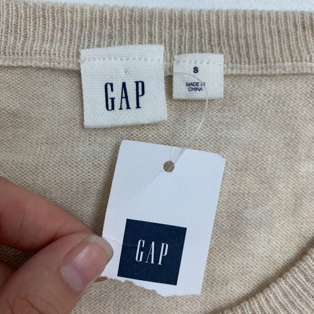 Gap Intarsia Happy Sweater Womens S Small Oatmeal Merino Wool Blend Pullover - Picture 9 of 15